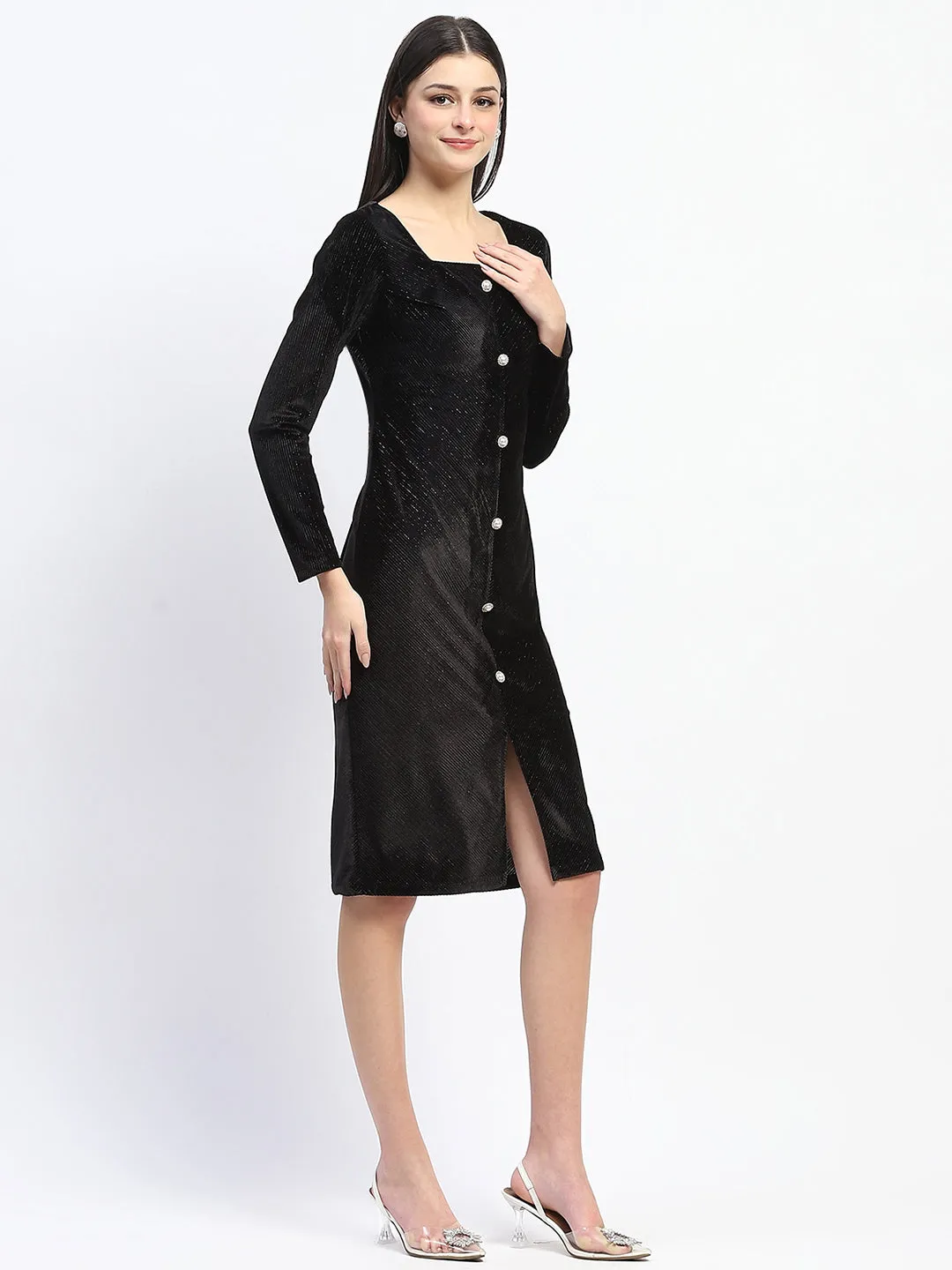 Madame Square Neck Buttoned Black Bodycon Dress