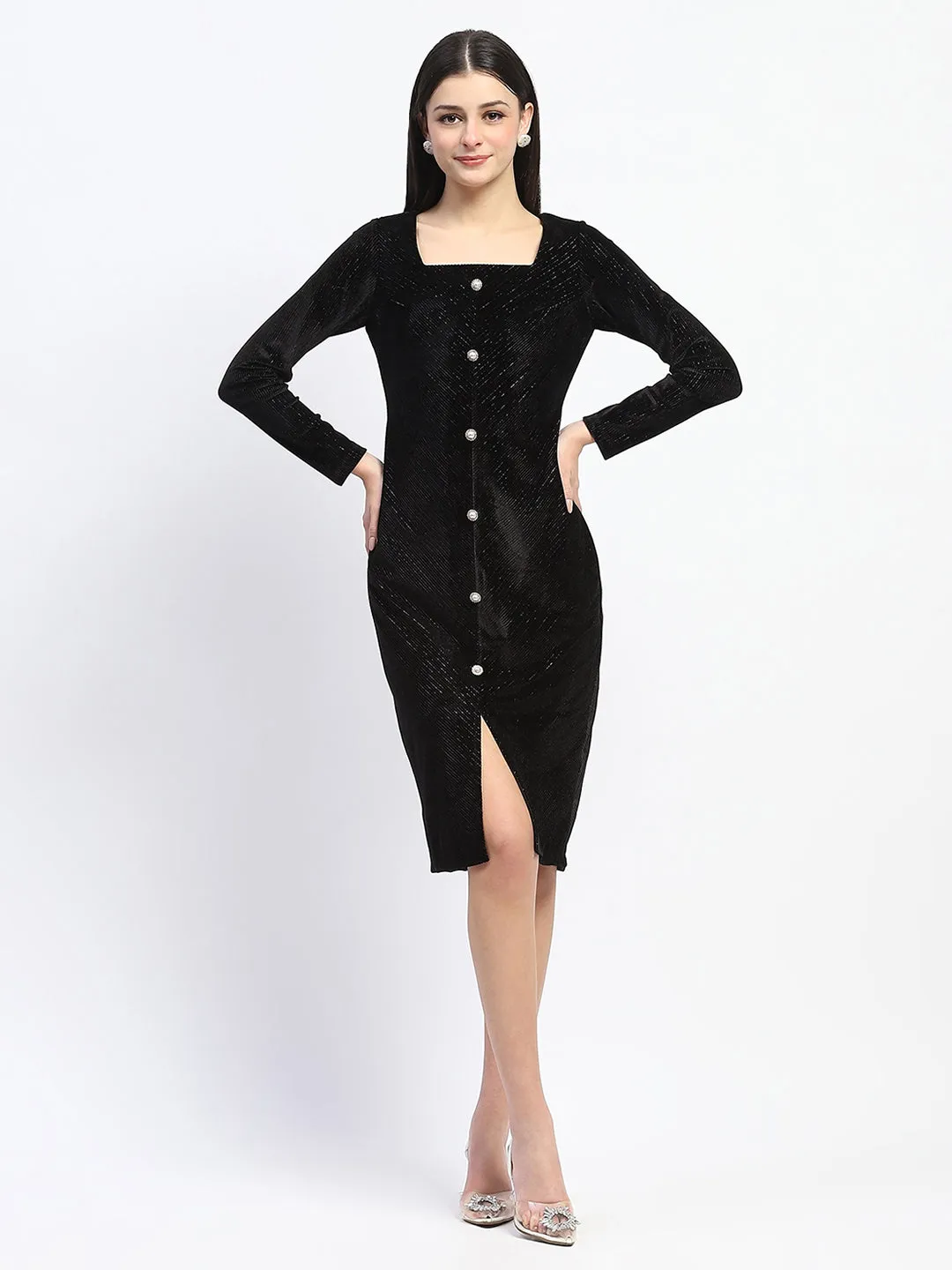 Madame Square Neck Buttoned Black Bodycon Dress