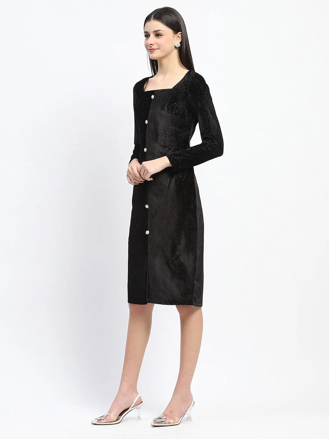 Madame Square Neck Buttoned Black Bodycon Dress