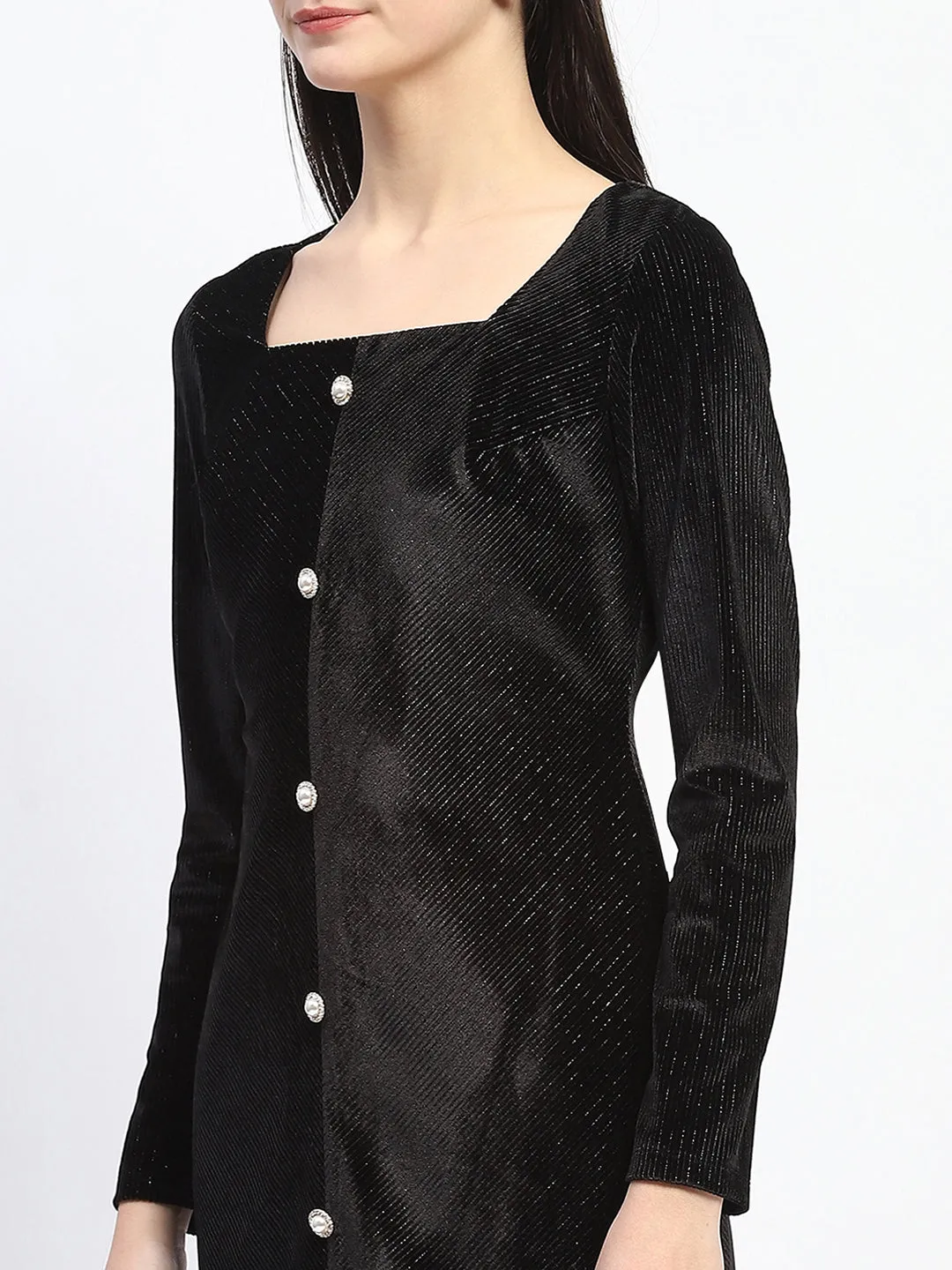 Madame Square Neck Buttoned Black Bodycon Dress