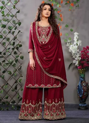 Maroon and Gold Embroidered Stylish Palazzo Suit