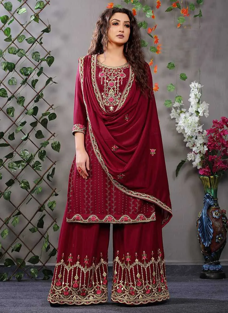 Maroon and Gold Embroidered Stylish Palazzo Suit