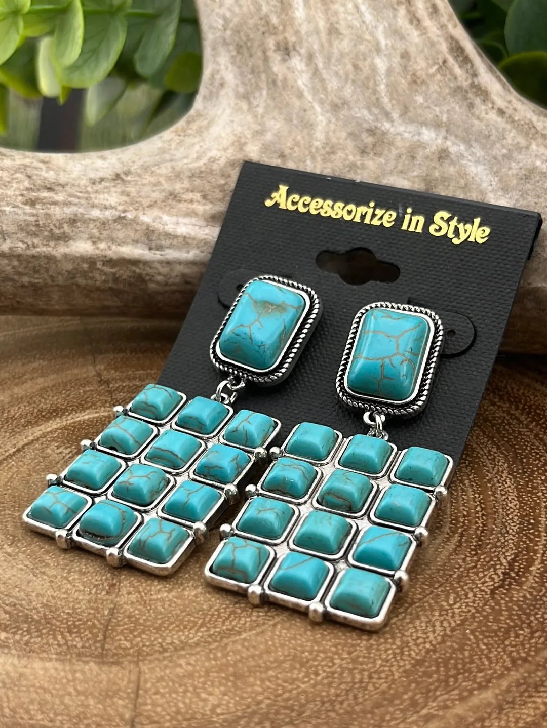 Melanie 2.25" Fashion Stacked Square Post  Earrings - Turquoise