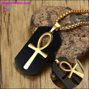 Men Black Dog Tag Cut out Ankh Egyptian Cross Pendant