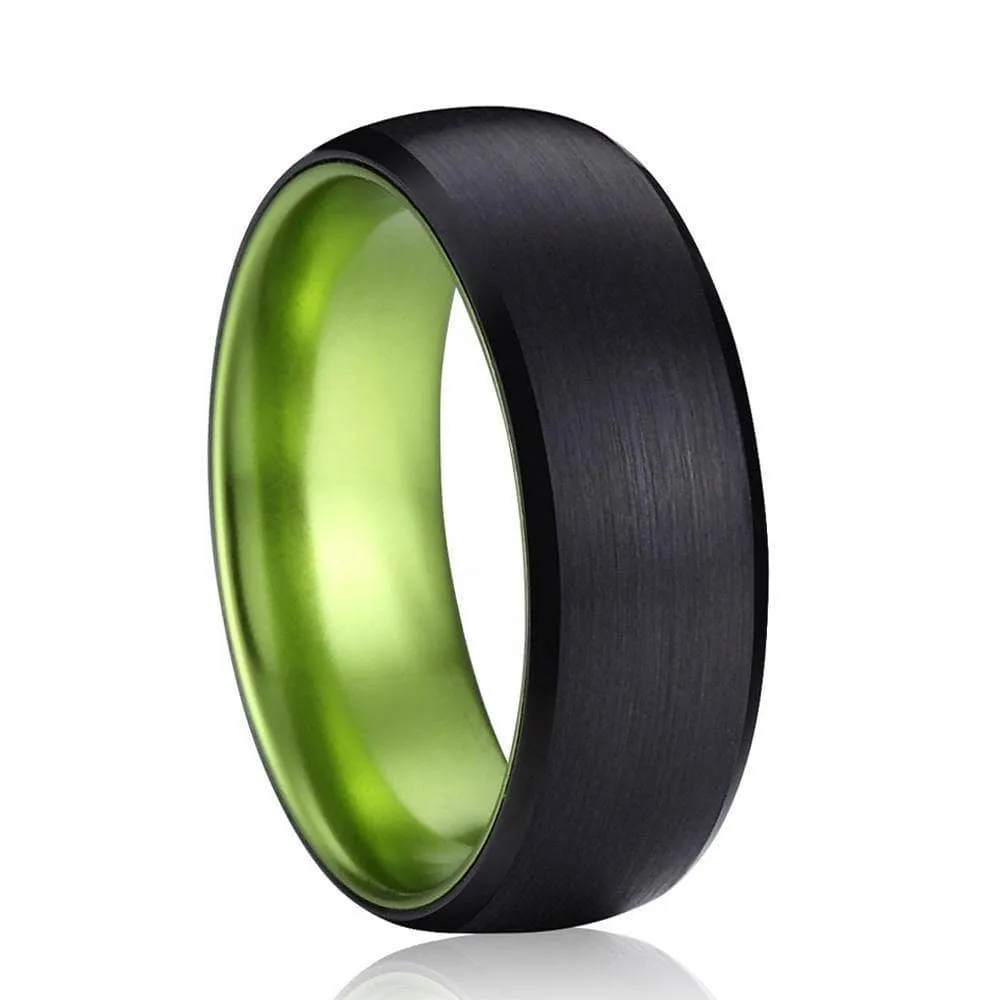 Men's and Women's 8mm Black Brushed Dome Tungsten Carbide Wedding Band with Inner Green Color