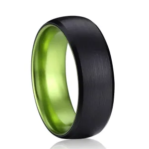 Men's and Women's 8mm Black Brushed Dome Tungsten Carbide Wedding Band with Inner Green Color