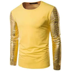 Mens Fashion Personalized Patchwork Solid Color Long Sleeve Bright Casual T-shirt