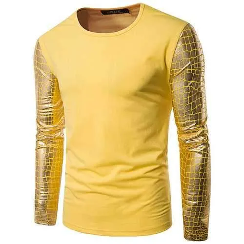 Mens Fashion Personalized Patchwork Solid Color Long Sleeve Bright Casual T-shirt