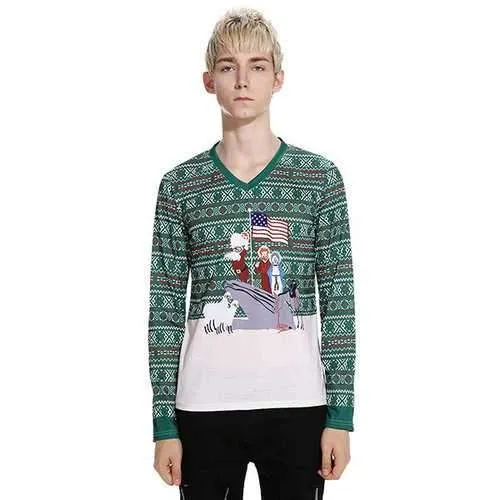 Mens Santa Claus Printing Long Sleeve V-Neck T-Shirt