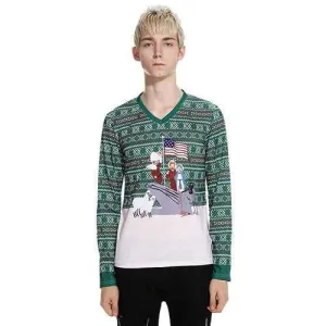 Mens Santa Claus Printing Long Sleeve V-Neck T-Shirt