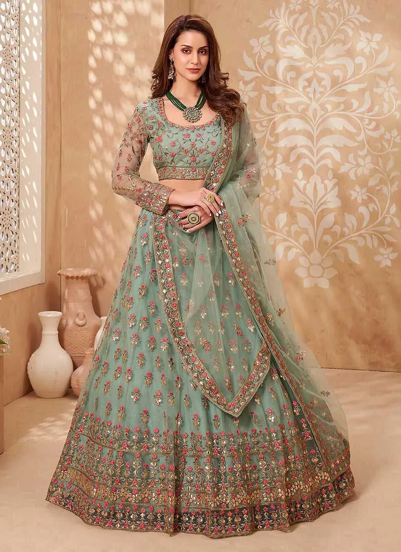 Mint Green Heavy Floral Embroidered Stylish Lehenga Choli