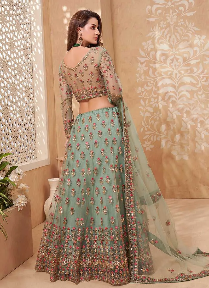 Mint Green Heavy Floral Embroidered Stylish Lehenga Choli