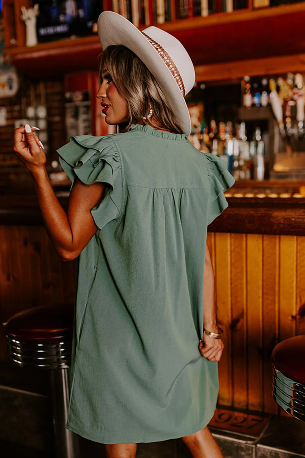 Mist Green Sequin Clover Patchwork Ruffled Shift Mini Dress