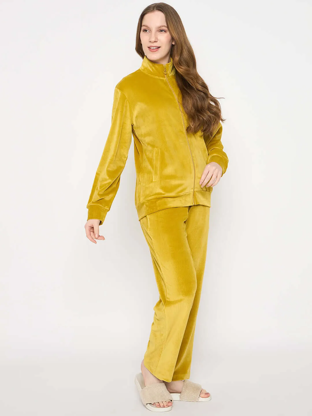 mSECRET Velour Self Design Zipper Lime Yellow Top and Bottom Night Suit
