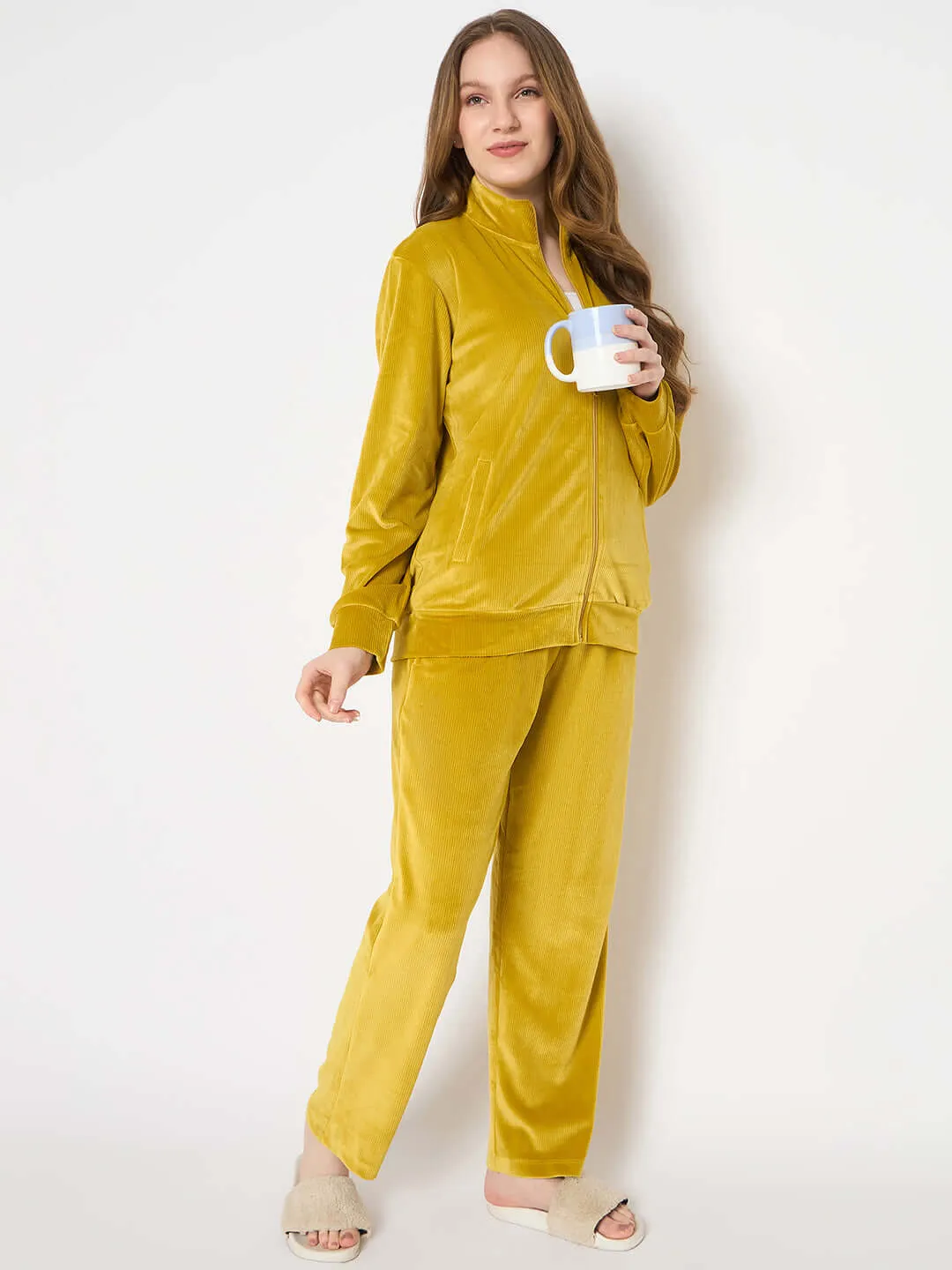 mSECRET Velour Self Design Zipper Lime Yellow Top and Bottom Night Suit
