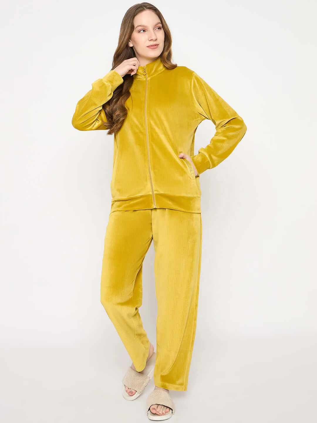 mSECRET Velour Self Design Zipper Lime Yellow Top and Bottom Night Suit