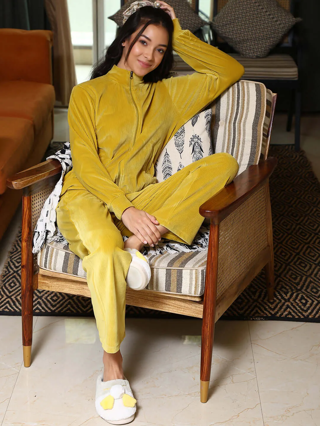 mSECRET Velour Self Design Zipper Lime Yellow Top and Bottom Night Suit