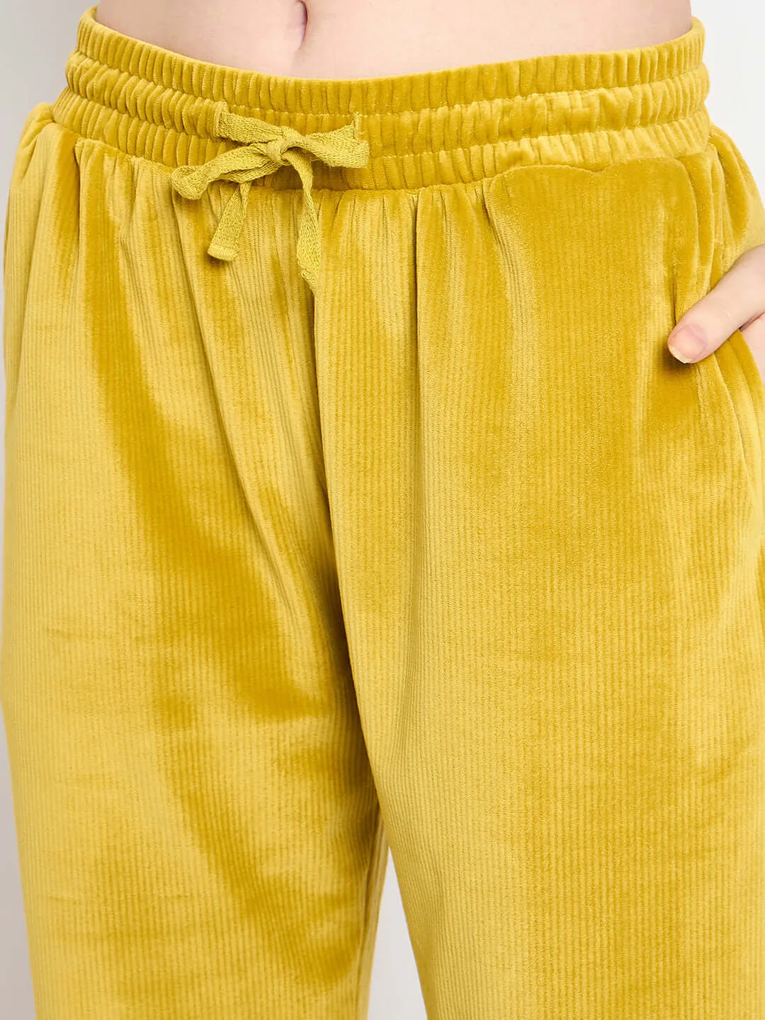 mSECRET Velour Self Design Zipper Lime Yellow Top and Bottom Night Suit
