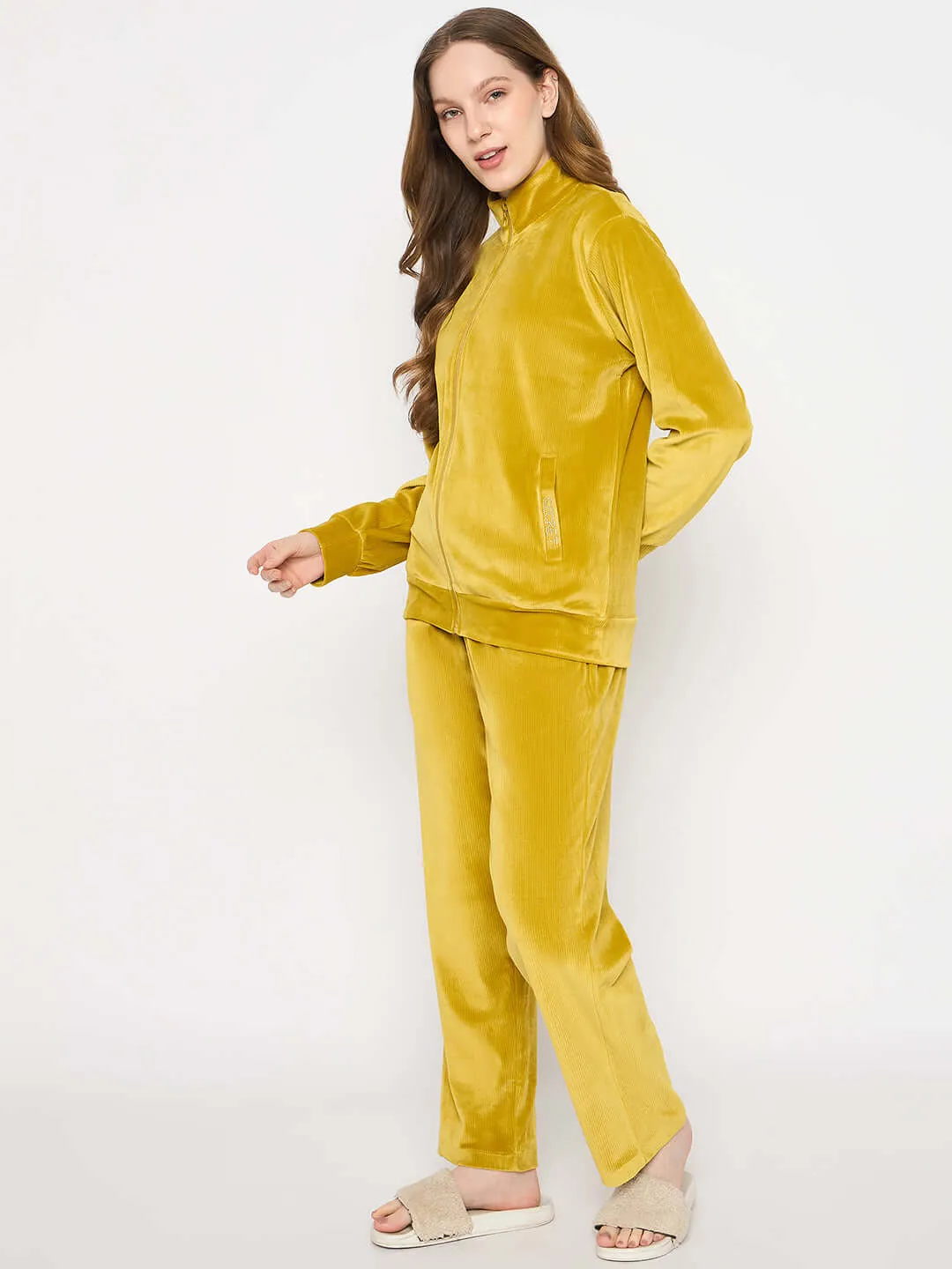 mSECRET Velour Self Design Zipper Lime Yellow Top and Bottom Night Suit