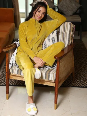 mSECRET Velour Self Design Zipper Lime Yellow Top and Bottom Night Suit