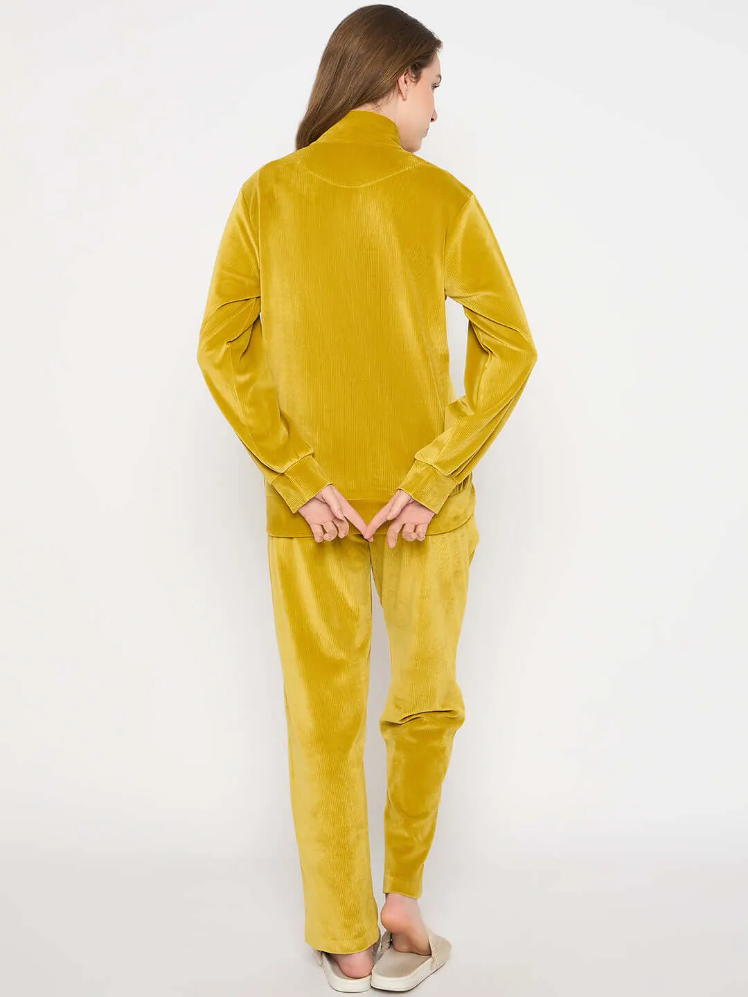 mSECRET Velour Self Design Zipper Lime Yellow Top and Bottom Night Suit