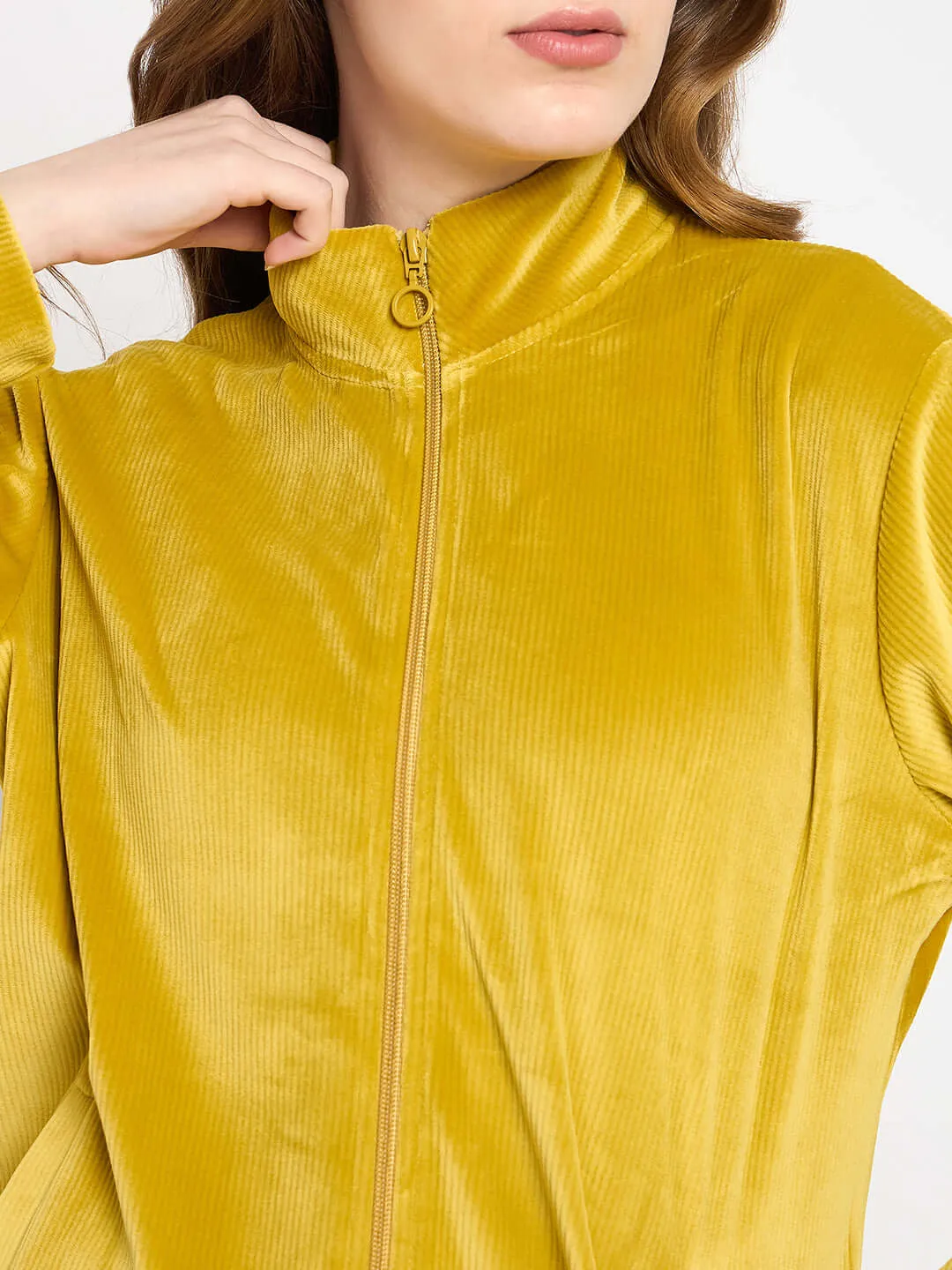 mSECRET Velour Self Design Zipper Lime Yellow Top and Bottom Night Suit