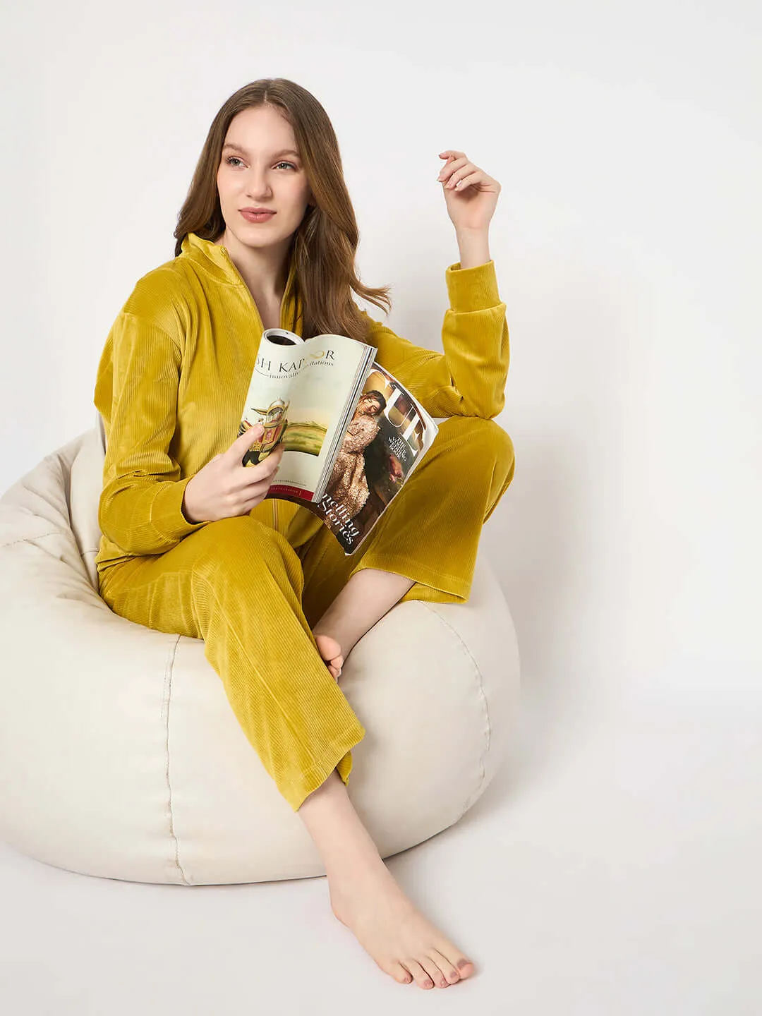 mSECRET Velour Self Design Zipper Lime Yellow Top and Bottom Night Suit