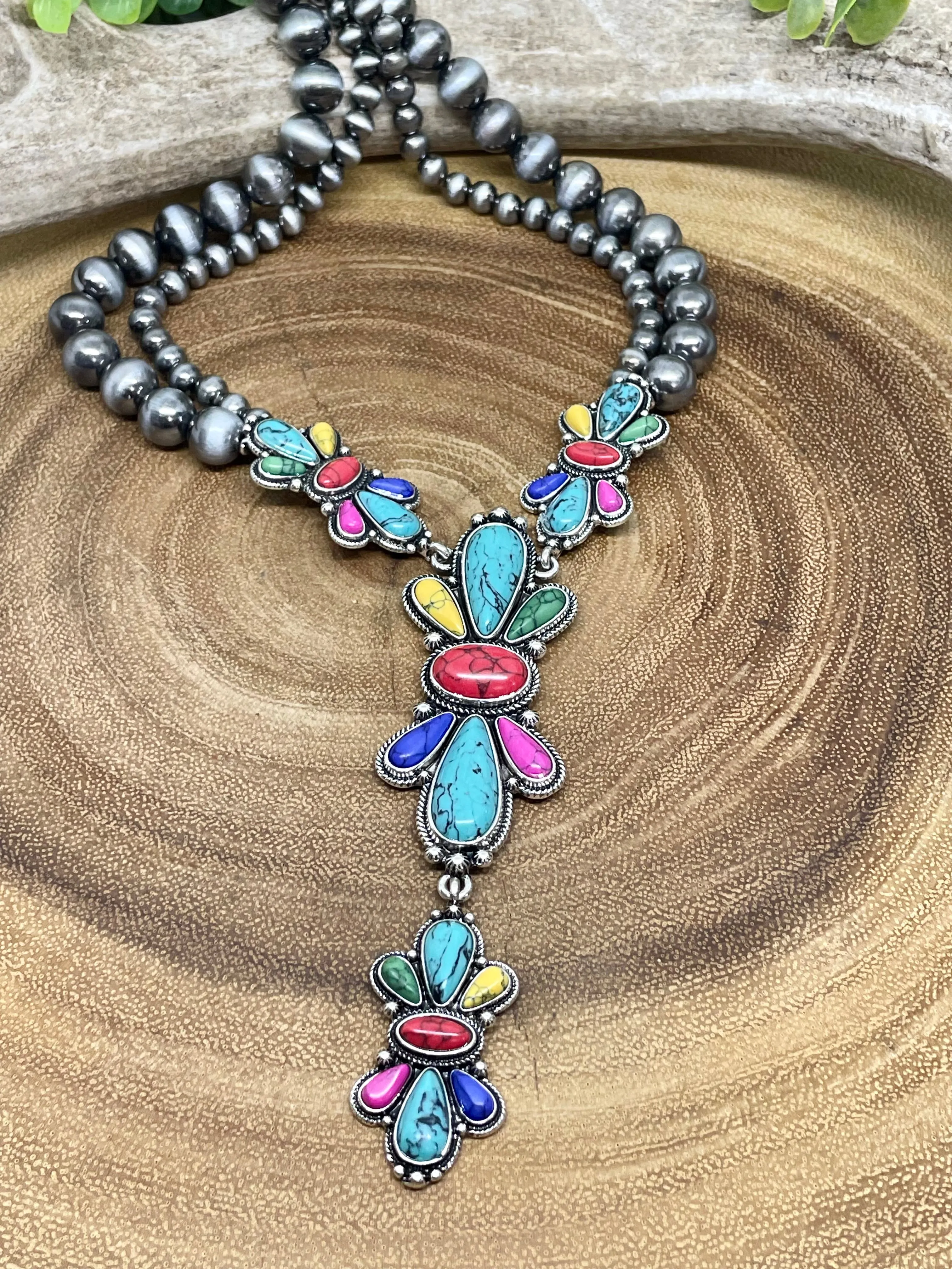 Navajo Style Pearl with Concho Stone Necklace