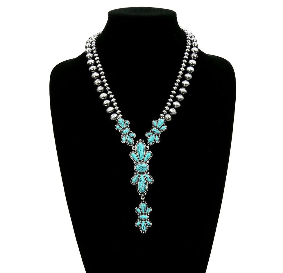 Navajo Style Pearl with Concho Stone Necklace