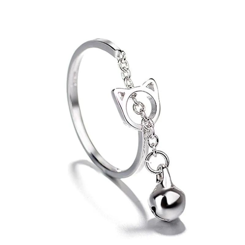 New 925 Color Hollow Cat Open Ring With Bell Pendant Creative Simple Chain Ring For Women