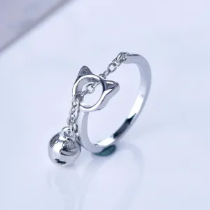 New 925 Color Hollow Cat Open Ring With Bell Pendant Creative Simple Chain Ring For Women