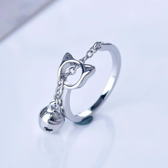 New 925 Color Hollow Cat Open Ring With Bell Pendant Creative Simple Chain Ring For Women