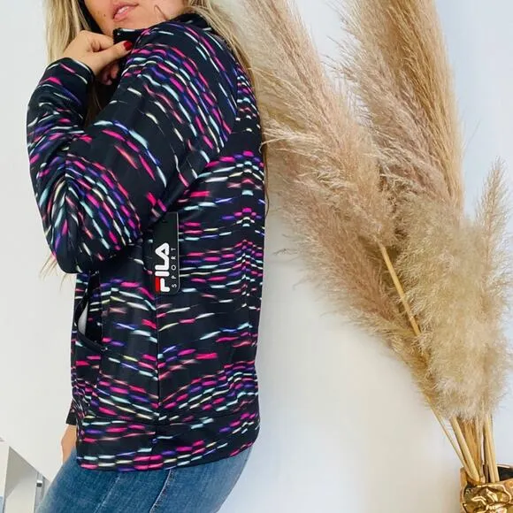 NEW FILA SPORT Black Pink Purple Neon Stripe Jacket Wind Breaker Pullover Zip L