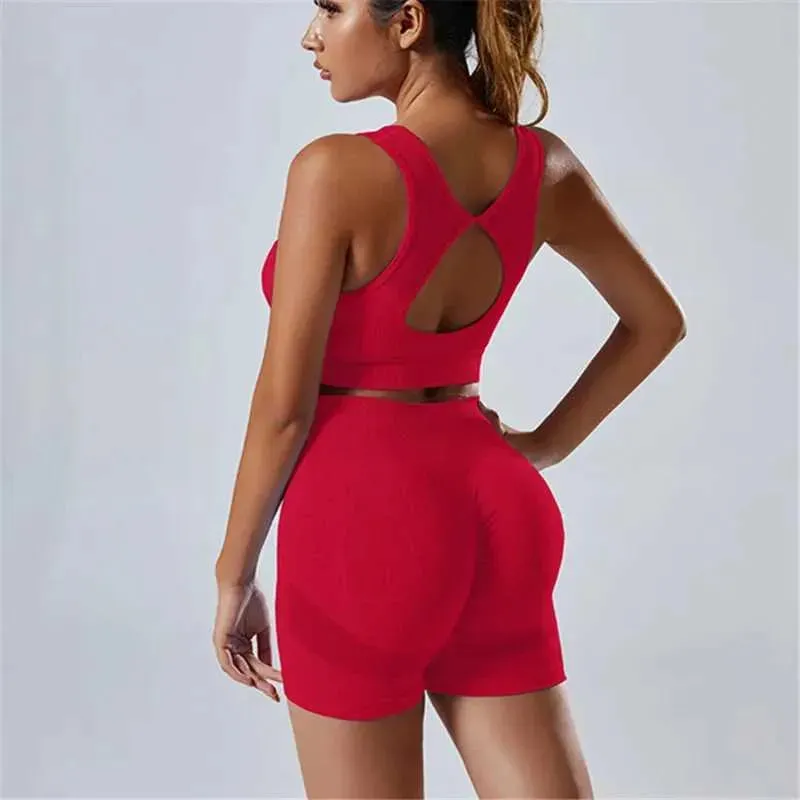 NEW Red Sz M Active Sets Seamless Scrunch Yoga Set Women 2Pcs Two Piece Gym Set Crop Top Bra Shorts Zipper Sport suit Workout Outfit Fitness Wear