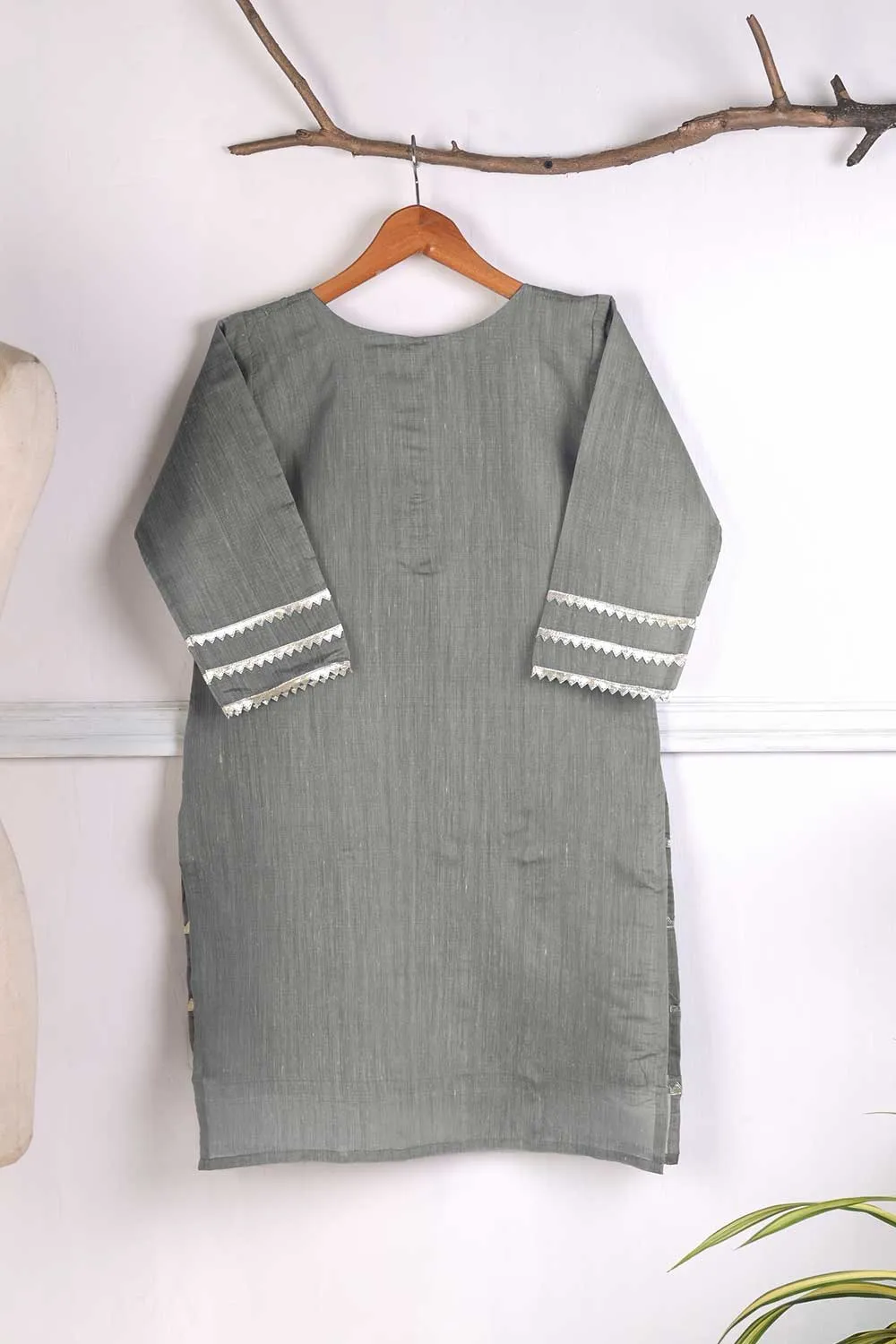 Paper Cotton Gotta Work Stitched Kurti - Bloodstone (T20-044B-Grey)