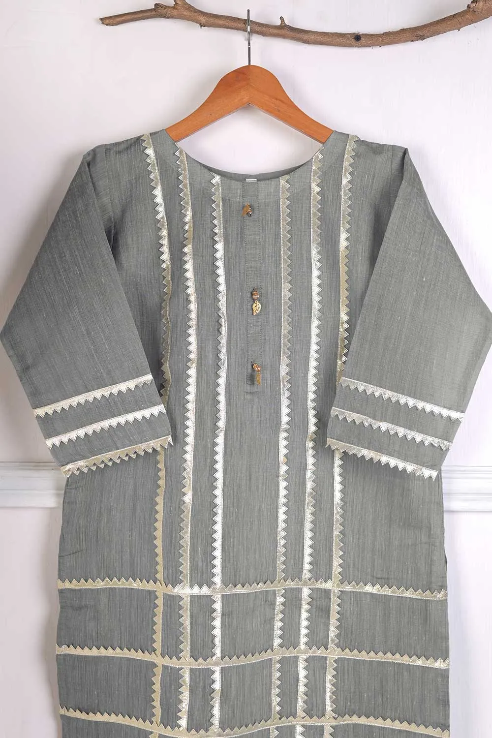 Paper Cotton Gotta Work Stitched Kurti - Bloodstone (T20-044B-Grey)