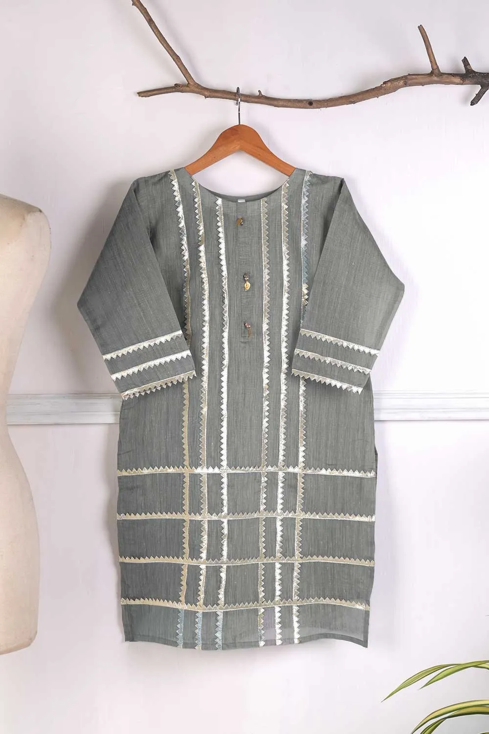 Paper Cotton Gotta Work Stitched Kurti - Bloodstone (T20-044B-Grey)