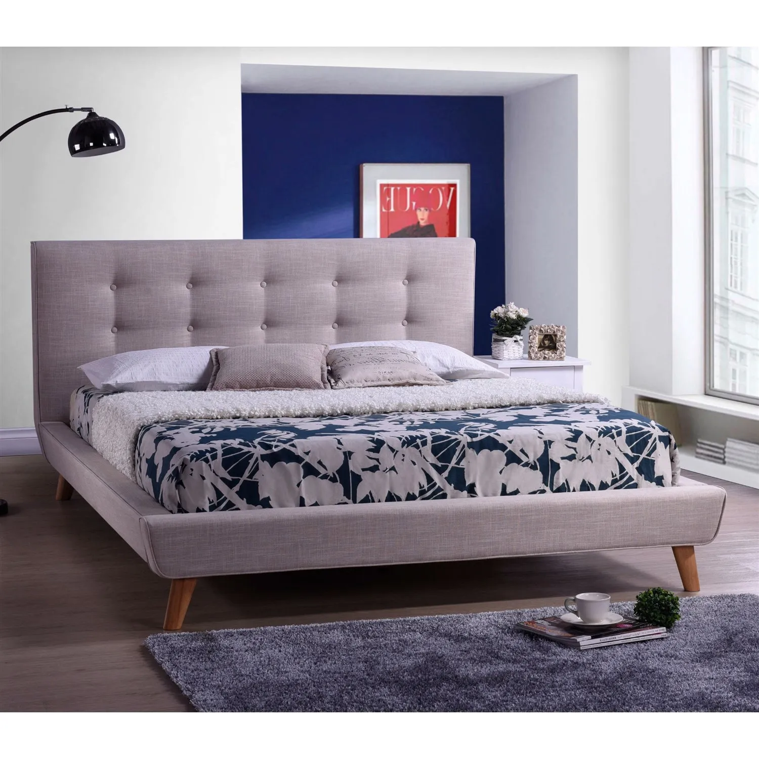 Queen size Modern Beige Linen Upholstered Platform Bed with Button Tufted Headboard