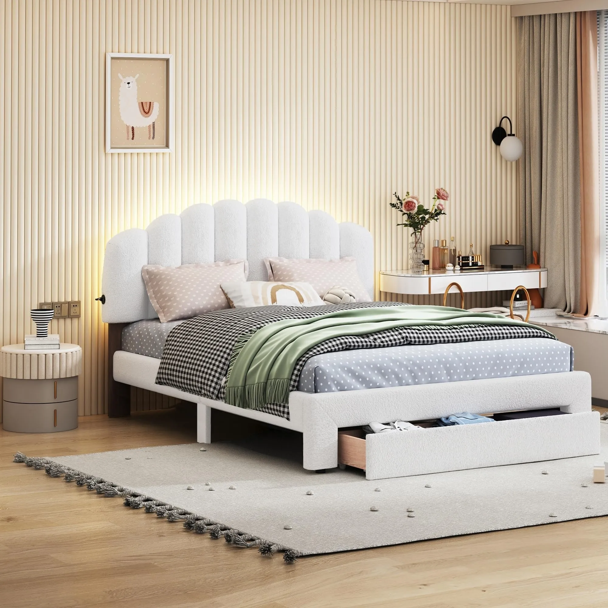 Queen Size Upholstered Platform Bed Teddy Fleece Frame with Drawer for