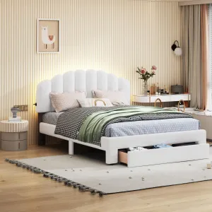 Queen Size Upholstered Platform Bed Teddy Fleece Frame with Drawer for