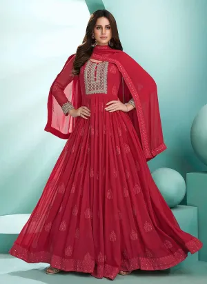 Red Embroidered Stylish Kalidar Anarkali Suit