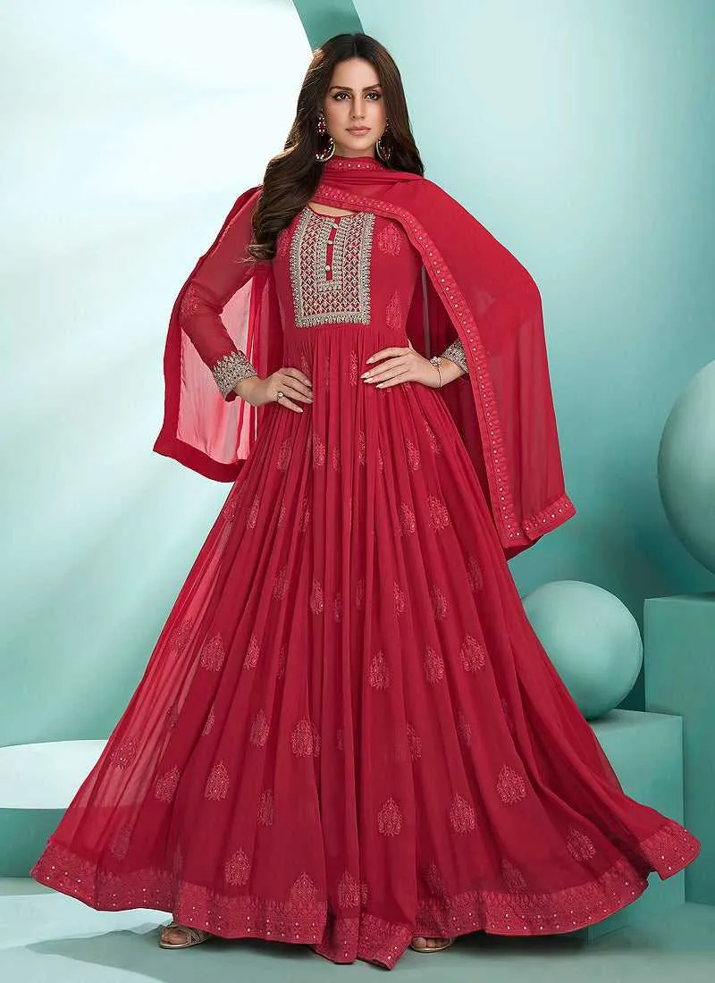 Red Embroidered Stylish Kalidar Anarkali Suit