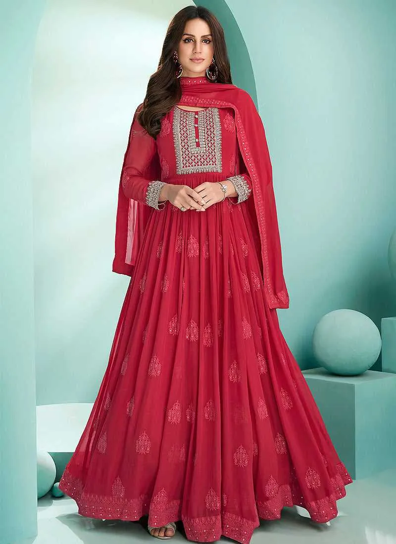 Red Embroidered Stylish Kalidar Anarkali Suit