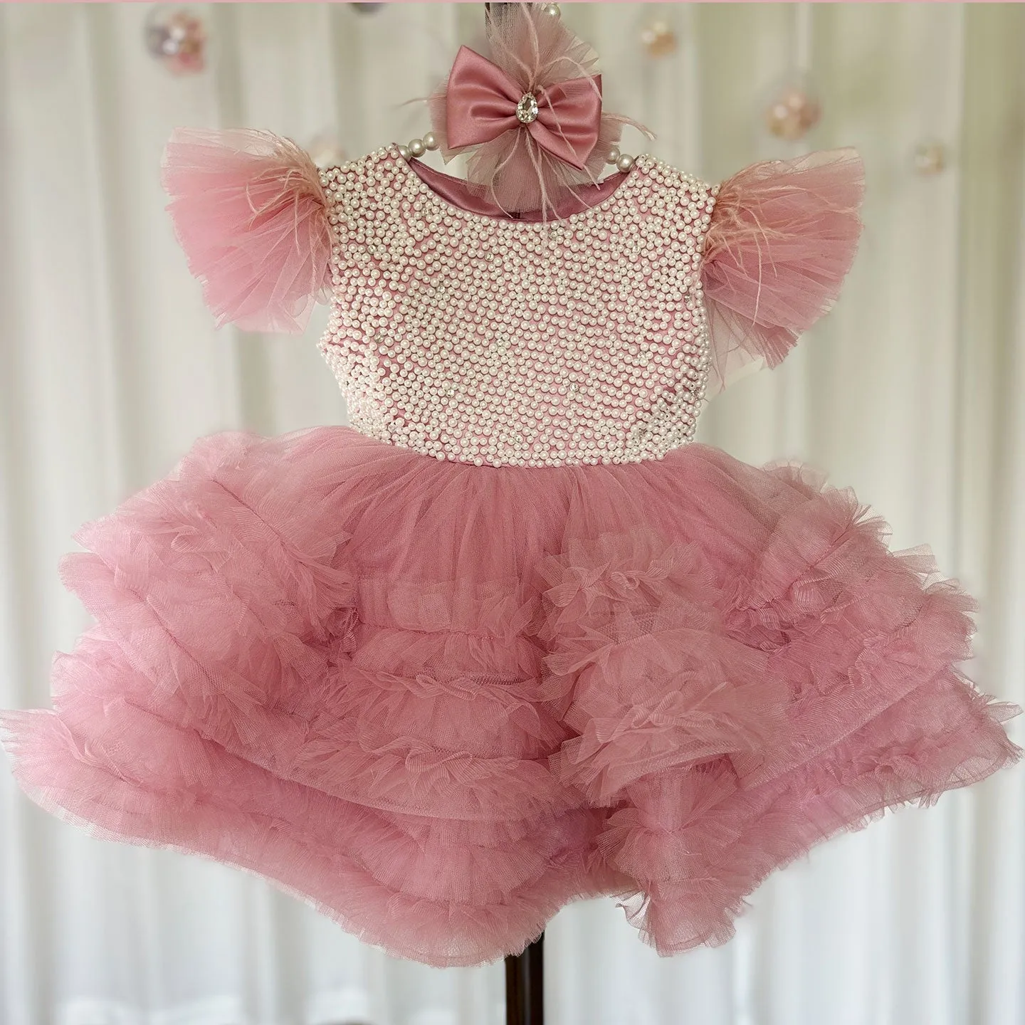 Roycebridal Elegant Pink Pearls Flower Girl Dress Princess Baby Kids Wedding Birthday First Communion Party Gown 2025 J321