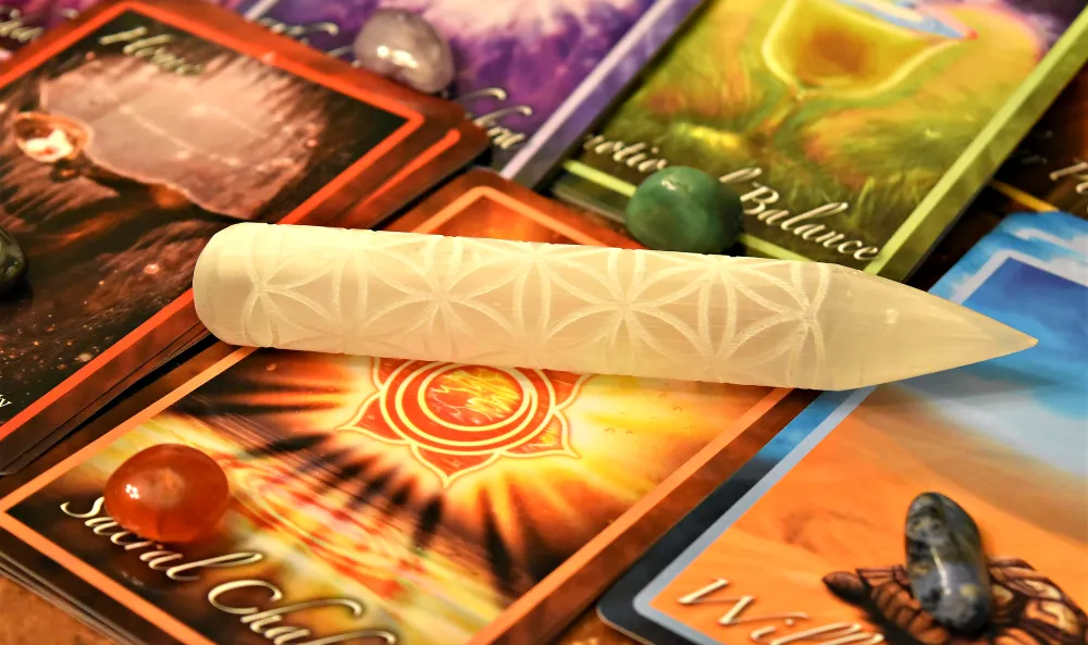 Selenite Rounded without etching or Terminated Point Wands with Flower of Life etching; FB1496