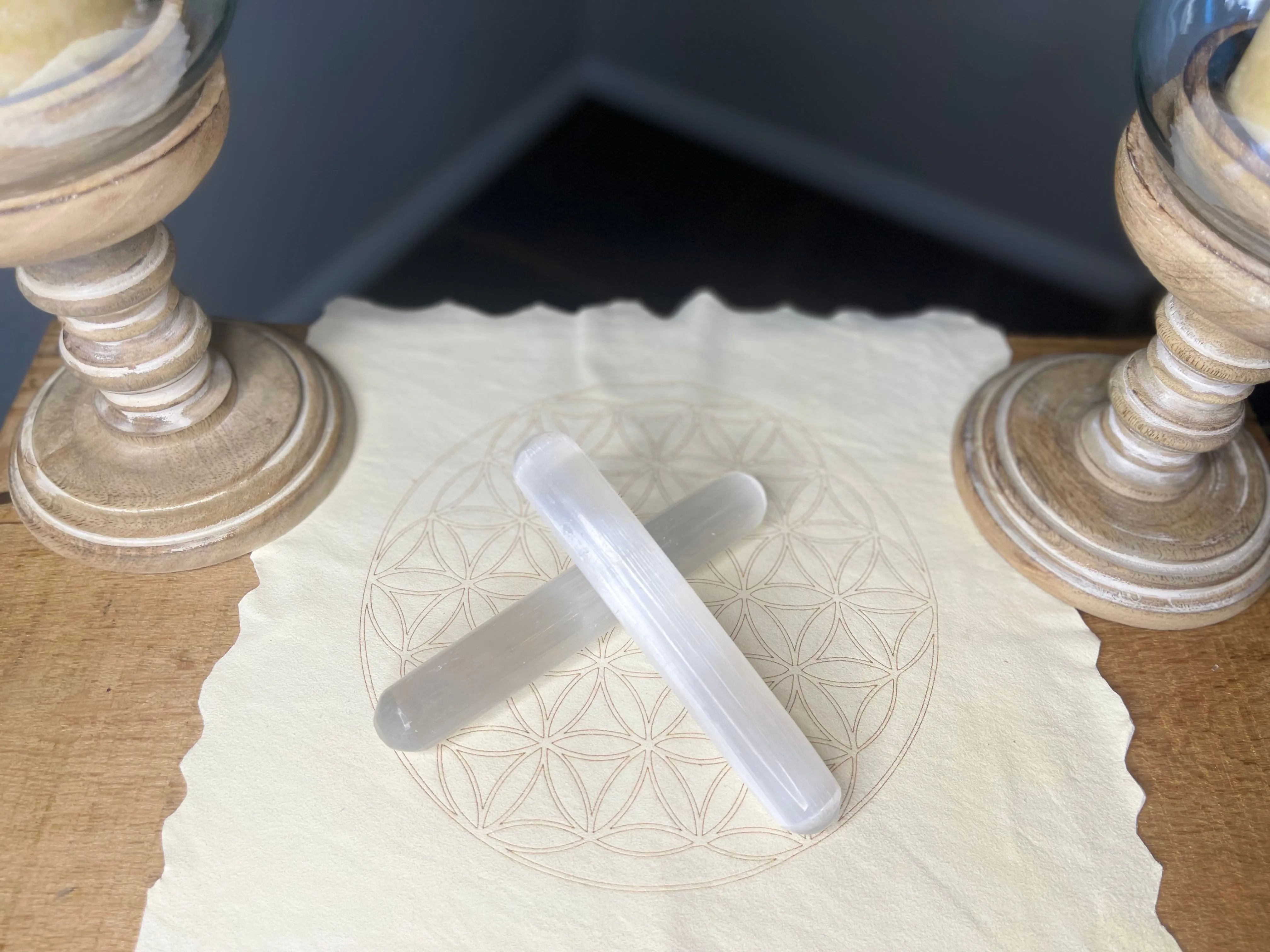 Selenite Rounded without etching or Terminated Point Wands with Flower of Life etching; FB1496