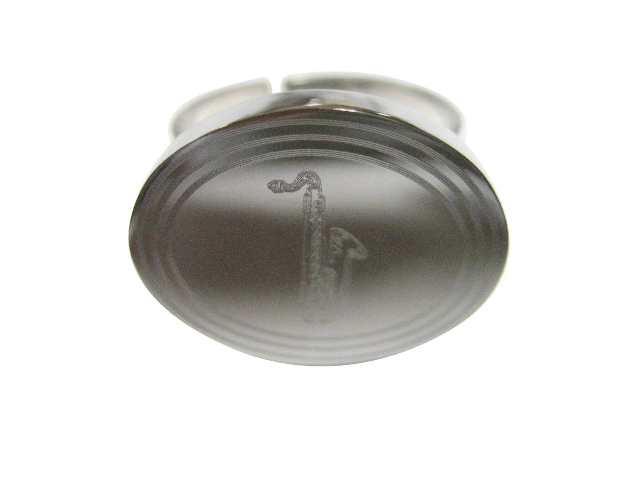 Silver Toned Etched Oval Saxophone Music Instrument Adjustable Size Fashion Ring