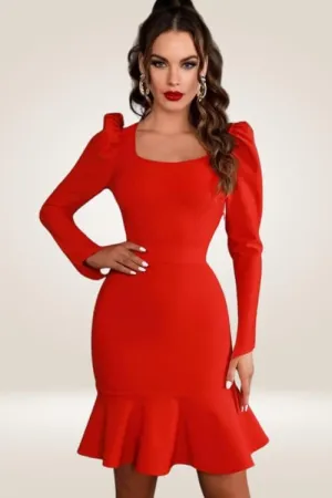 Siren Flare Long Sleeve red Midi Bodycon Dress