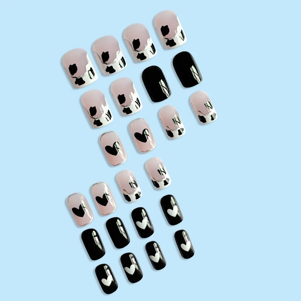 Square cow print black white heart