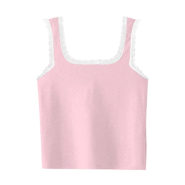 Square Neck Ribbed Tank with Lace Trim